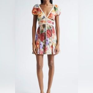 Alice + Olivia Rose Print Deep V Lace Detail Mini Dress Fit & Flare 10 *Flaw